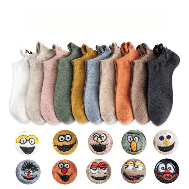 Diez pares de calcetines náuticos de primavera y verano en una bolsa, calcetines con expresión divertida en el talón, calcetines de mujer con bordado de Barrio Sésamo y carita sonriente