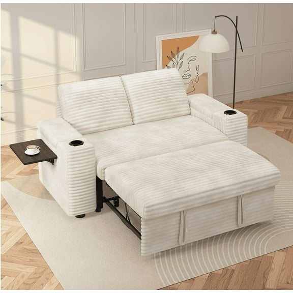 65" Multifunctional Chenille Loveseat Sleeper Sofa with Pull-Out Bed, Adjustable Backrest, USB Charging Ports, Cup Holders, Side Table & Storage Armrests, Easy Assembly