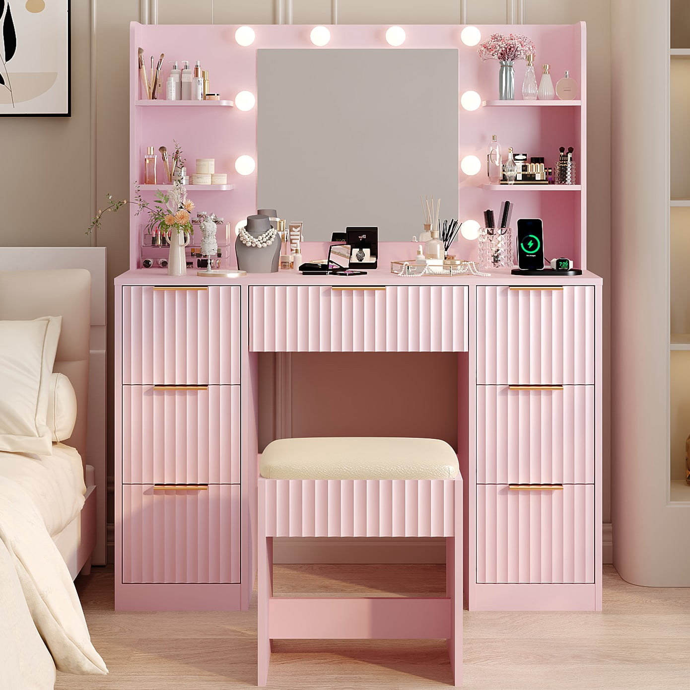 Zimtown Lighted Makeup Vanity Desk with Mirror and Charging Station, Vanity Table with 7 Drawers & 4 Storage Shelves for Dressing Room Bedroom, Pink