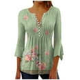 thumbnail image 1 of CEHVOM Women's Casual Trumpet 3/4 Sleeve Printed Buttoned Basic Ruched Tops Pleated T-shirts Blouses Clearance, 1 of 5