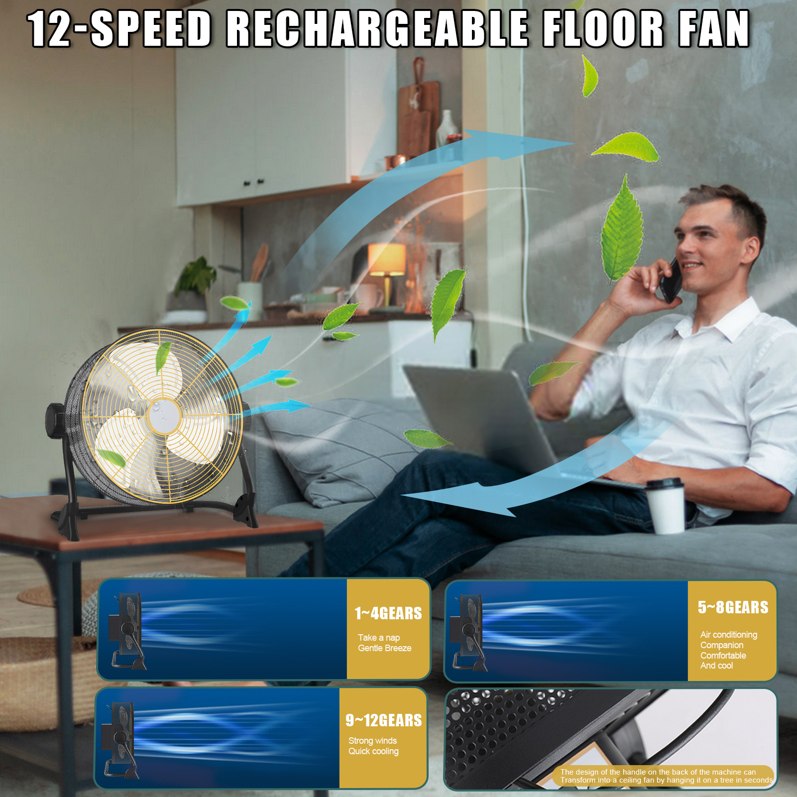 HomeLife Rechargeable Floor Fan, Multi Functional USB Charging Fan, as Emergency Power Bank Battery Fan 12 Inch Cordless Outdoor Portable Fan 32h Running Time 12 Speed Fan