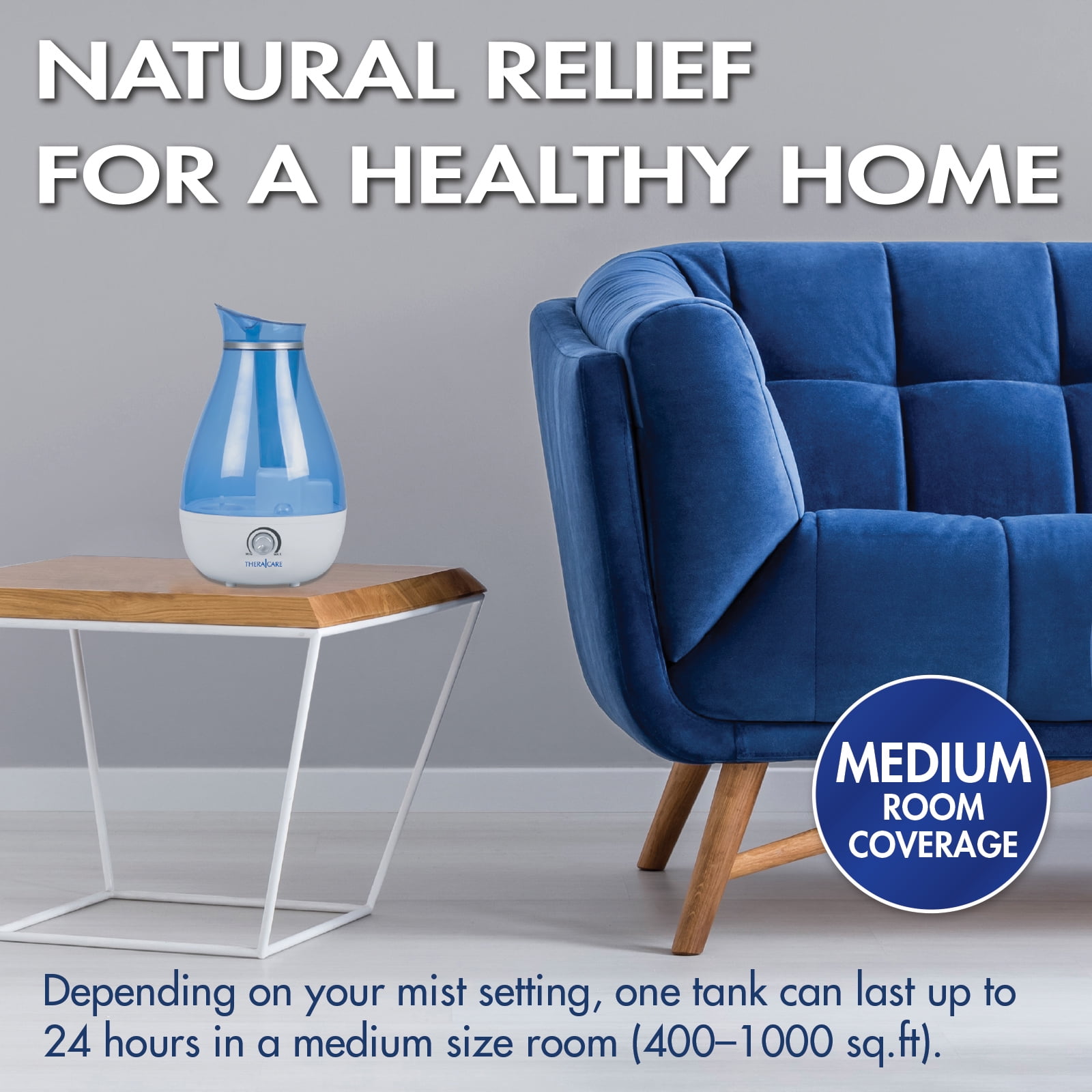 HealthWise Cool Mist Ultrasonic Humidifier | For Medium Size Rooms | No Filter Required | 24 Hour Run Time, Blue, 2.6L