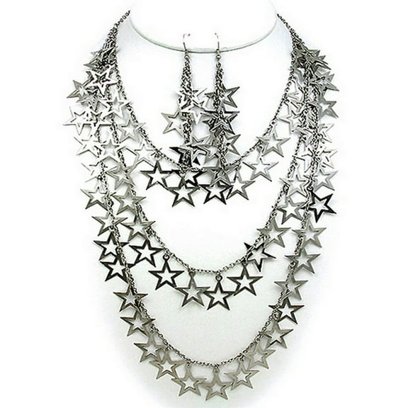 Multi Chain Straps Necklace & Earrings Set w/ Dangling Open Stars - Silver - NE-12262