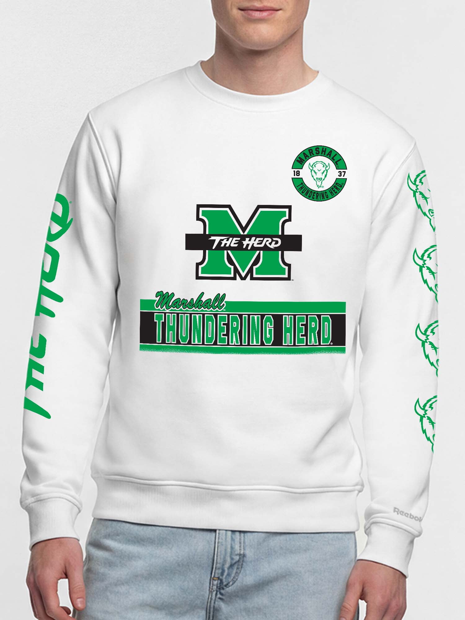 Marshall Thundering Herd Reebok Mens White Crew Sweatshirt