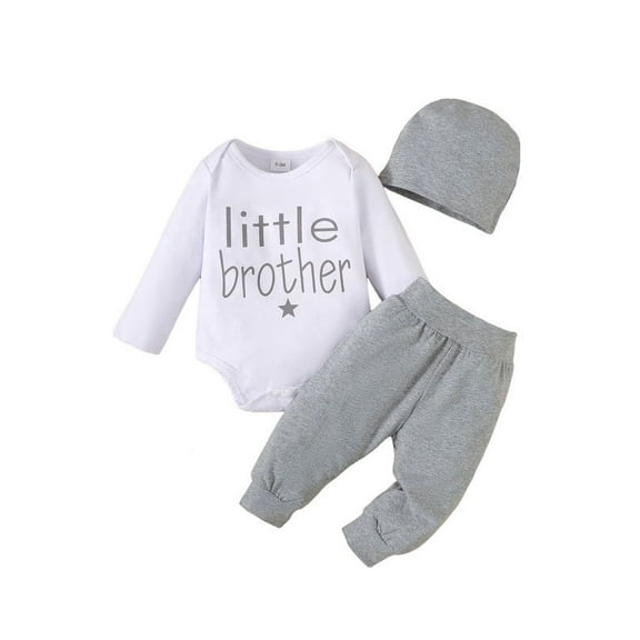 Newborn Baby Boy Clothes "Little Brother" Letter Printed Romper   Gray Pants   Cap 3PCs Infant Fall Winter Clothing Set