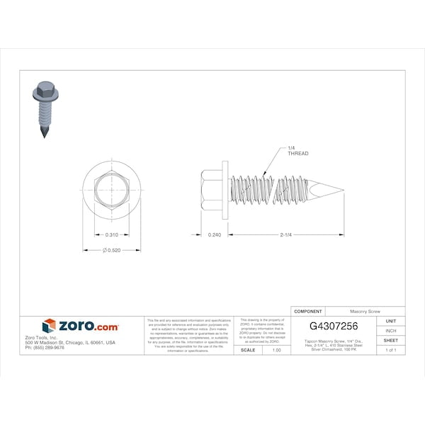 Tapcon Masonry Screw, 1/4" Dia., Hex, 2-1/4" L, 410 Stainless Steel Silver Climashield, 100 PK