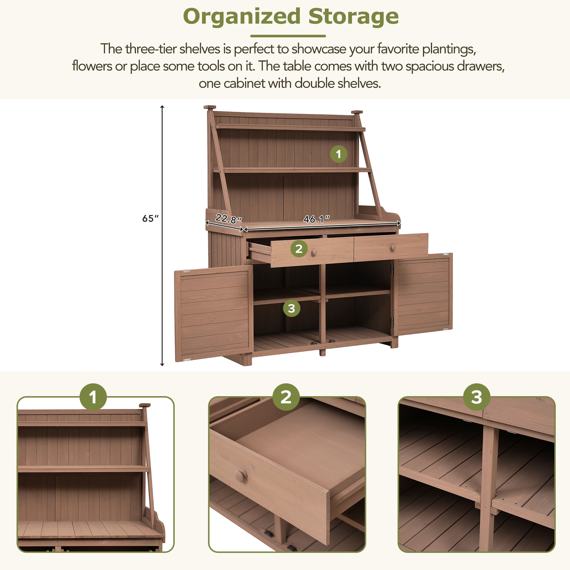 MAYEERTY 65" Garden Potting Bench Table – Rustic Fir Wood Workstation with Storage Shelf, Drawers, and Cabinet