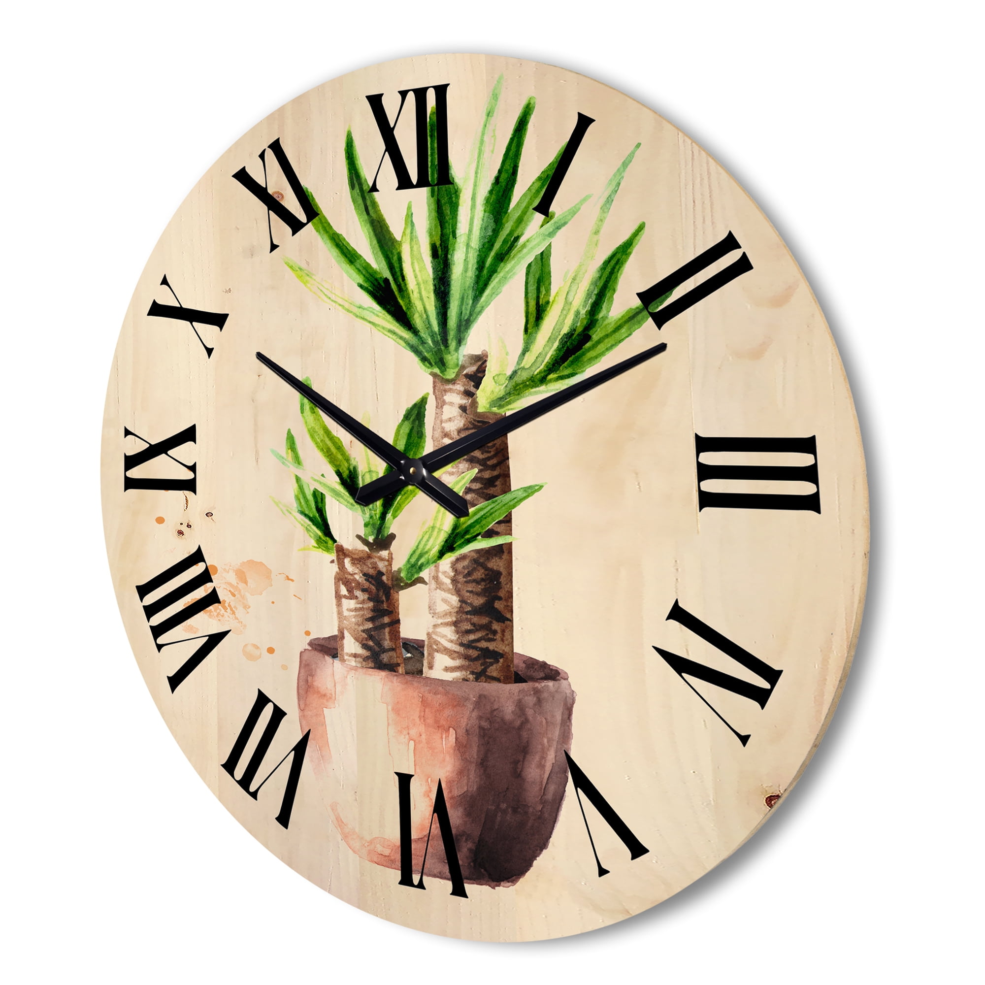 Designart 'Yucca Tree In The Ceramic Flower Pot On White' Traditional Wood Wall Clock