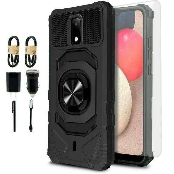 Value Pack for AT&T Calypso 2 (U319AA) Cricket Debut with Tempered Glass Ring Finger Loop Hybrid Phone Case Magnet Mount Ready Grip Grids Kickstand Slim Shock Bumper Cover