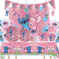 thumbnail image 5 of Decoración de cumpleaños de Disney Lilo y Stitch, juego de vajilla con puntada rosa, globos, mantel, vaso de papel, plato, telón de fondo, suministros para fiesta, 5 of 5