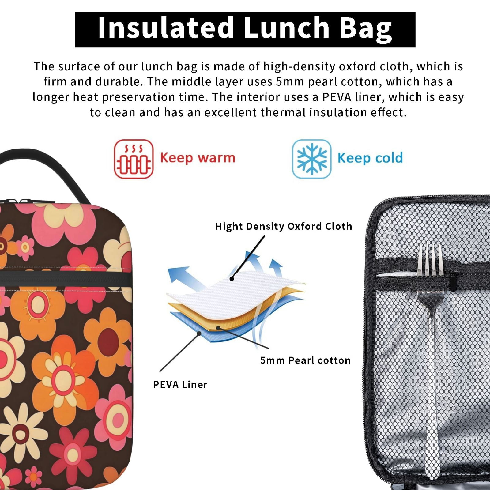 Lunch Bag For Women Men Insulated Portable Lunch Box Bento Box Office Picnic Travel Cooler Bag Retro Groovy Flowers Pattern (10)