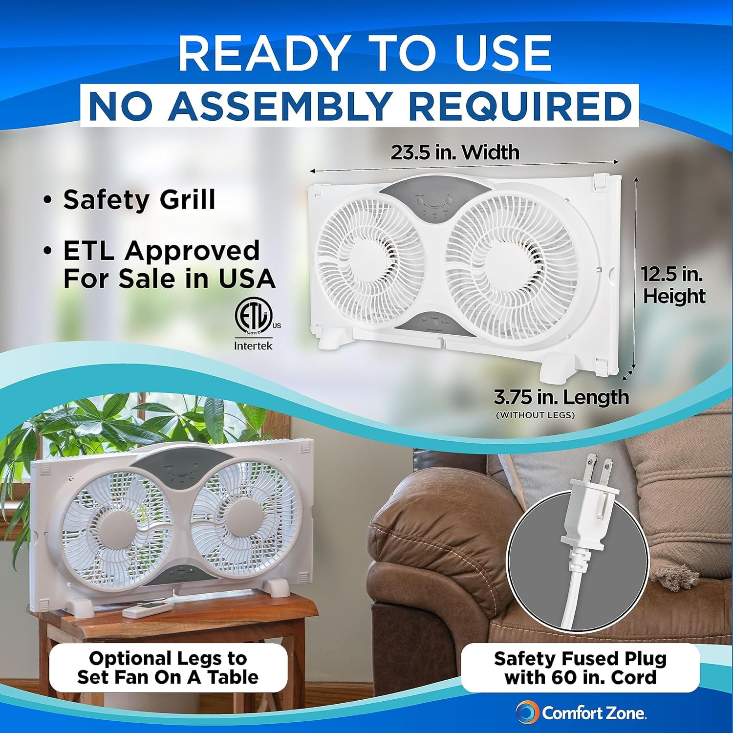 Comfort Zone Smart Wi-Fi Reversible Twin Window Fan with Cover and Bug Screen