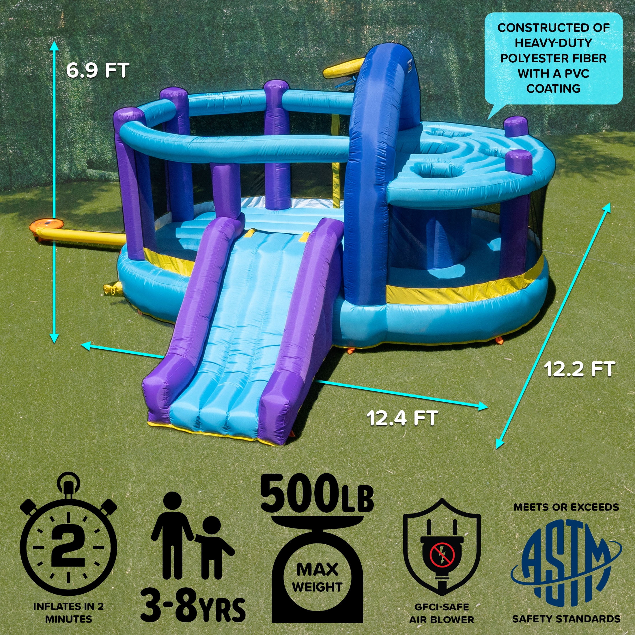 Sportspower Inflatable Bounce House with Slide, Whack-A-Play & Basketball Hoop, Kids Bouncer with 550W GFCI Blower, Outdoor Backyard Play, Ages 3–8