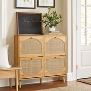 Ktaxon Rattan Shoe Cabinet with 4 Flip Drawers 24 Pairs,Narrow Shoe Storage Cabinet for Entryway, Bedroom, Living Room, Apartment, Natural