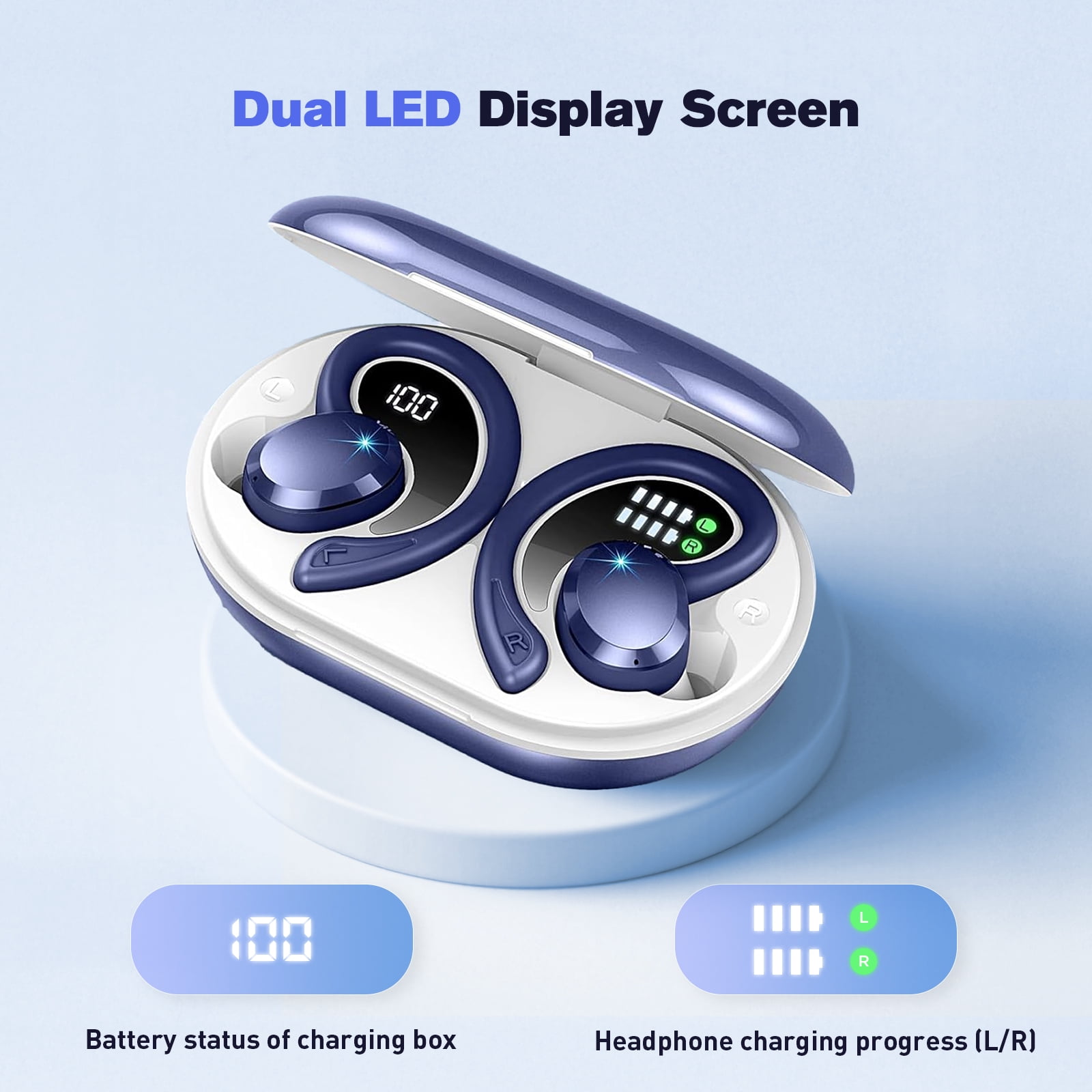 Wireless Earbuds - ETEPPEHI Bluetooth 5.3 Stereo Ear Buds with Earhooks, ENC Noise Cancelling Mic, IP7 Waterproof Earphone for Workout/Running, Blue