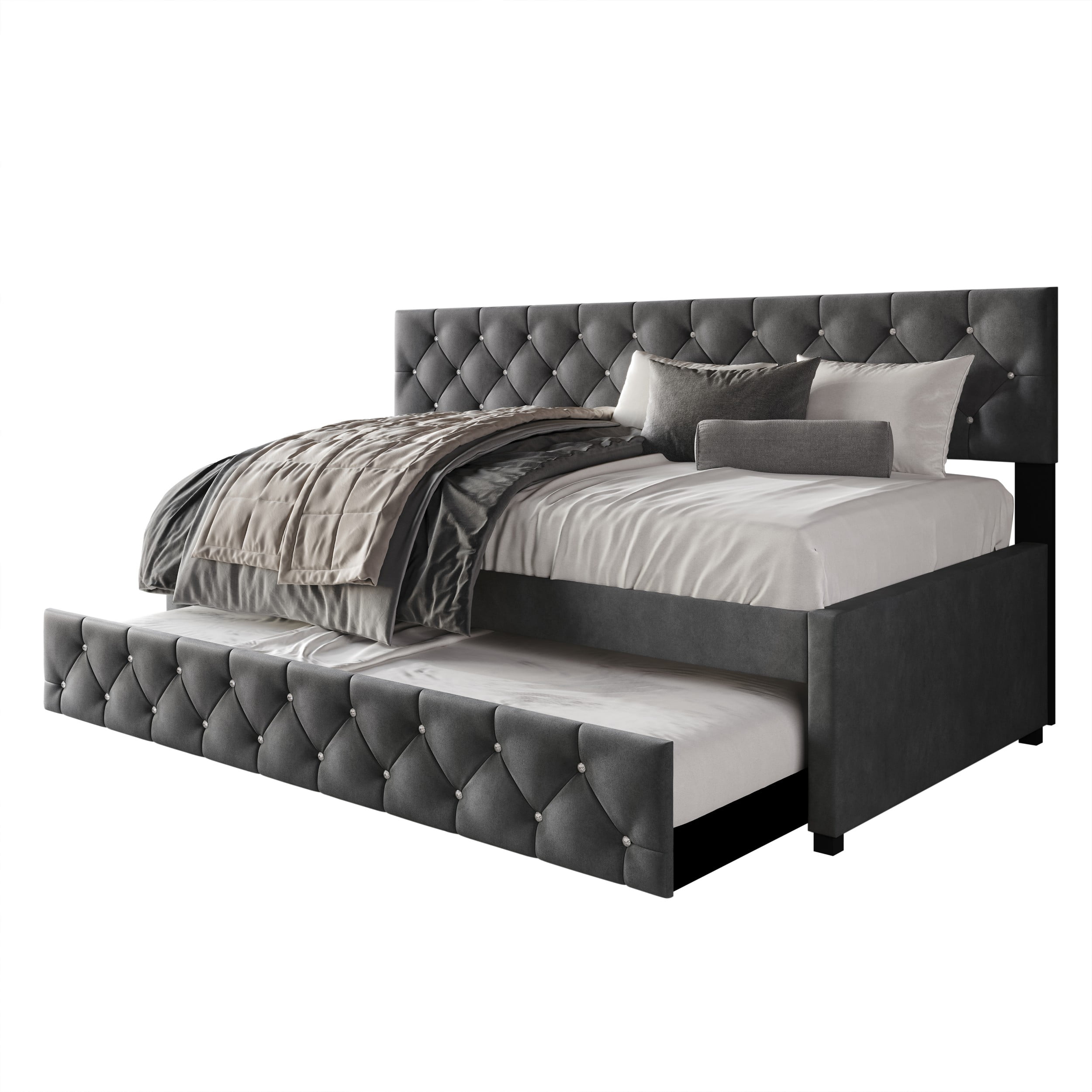 Home Design Darcey Luxurious Velvet Upholstered Daybed with Pull-Out Trundle, Diamond Button Tufted, Dark Gray, Easy Assembly