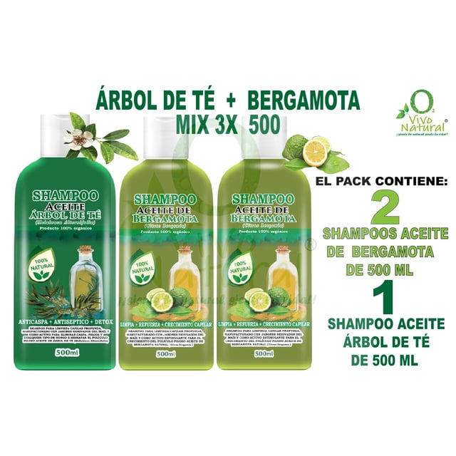 ARBOL DE TE + BERGAMOTA MIX 3X 500 VIVONATURAL SHAMPOO ACEITE ARBOL DE TE 500 ML Y SHAMPOOS ACEITE DE BERGAMOTA 500 ml