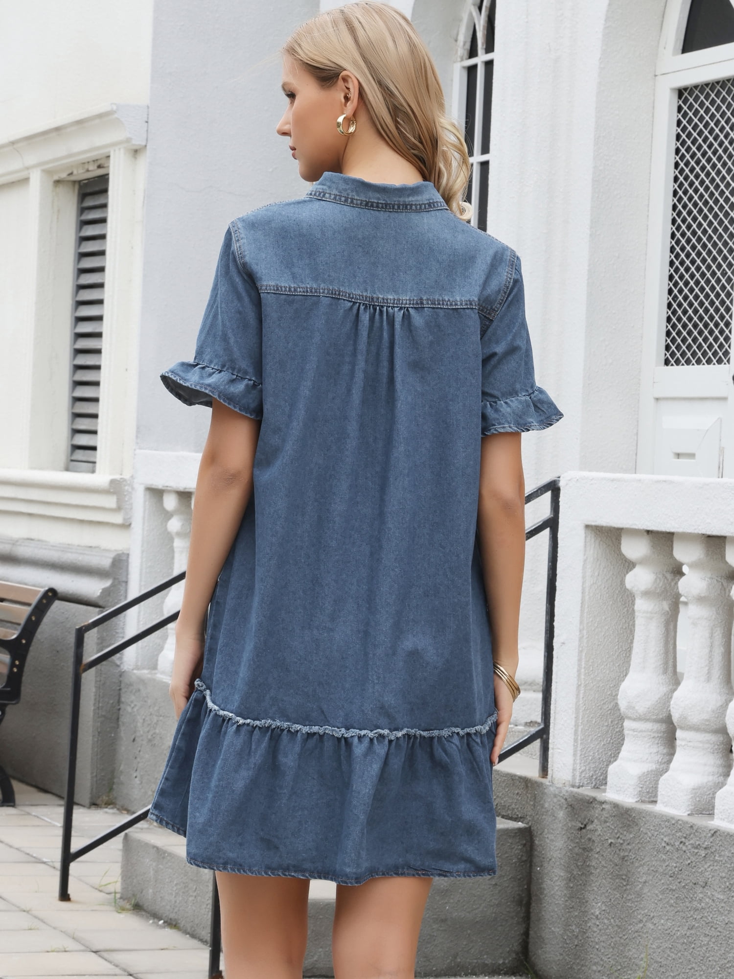 DARING DIVA Women's Babydoll Ruffle Short Sleeve Denim Mini Dress XS Blue