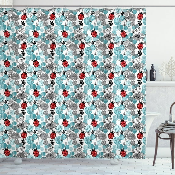 Ambesonne Ladybugs Shower Curtain, Romantic Roses Flowers, 69"Wx70"L, Pale Blue Red Black