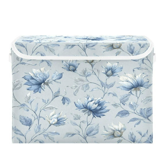 Large Collapsible Storage Box Flip Lid Fabric Decorative Organizer Container Basket with Handles 16.5×12.6×11.8in Exquisite Blue Peony Design