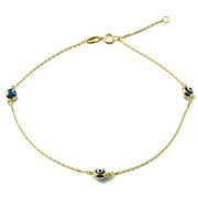 LOVEBLING 10K Yellow Gold .5mm Rolo Chain with Evil Eye Charms Anklet Adjustable 9" to 10" (#45)