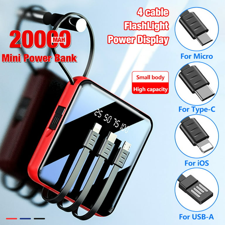 Mini Power Bank, 20000mAh Portable 4 in 1 Fast Charging Power Bank for  iOS/Micro/type-c/USB-A, Red