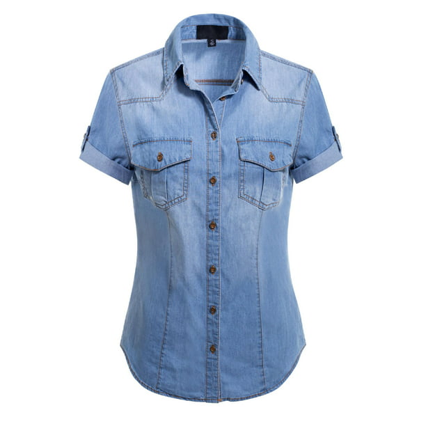 Made by Olivia Women's Button-Down Cap Sleeve Denim Chambray Shirt ...