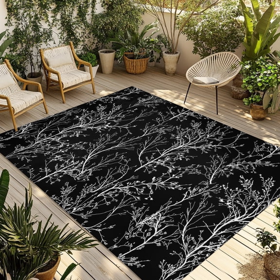 Abstract White Branches Outdoor Area Rug 3x5ft Decorative Indoor Outdoor Rug Minimalist Botanical Black Patio Area Rug for Porch, Deck, Balcony, Entryway, Camping & RV