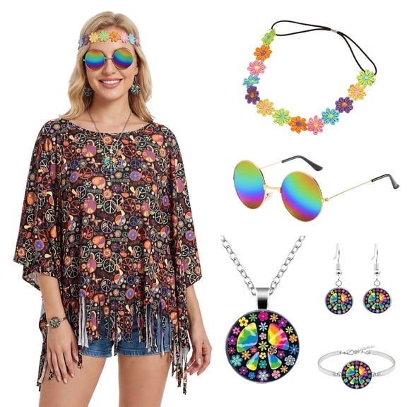 Alaiyaky Women's Hippie Costume 60s 70s Hippie Clothing with Poncho Necklace Earrings Sunglasses Fancy Dress Costume for Carnival Party Pack of 6