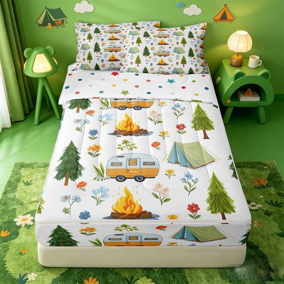 catabedysis Floral Camping Zipper Twin Comforter Sets with Fitted Sheet and 2 Pillowcases,Caravan Tent Pattern Zipper Bedding Set For Boys,Multicolor,Polkadot Reversible,4 Pieces