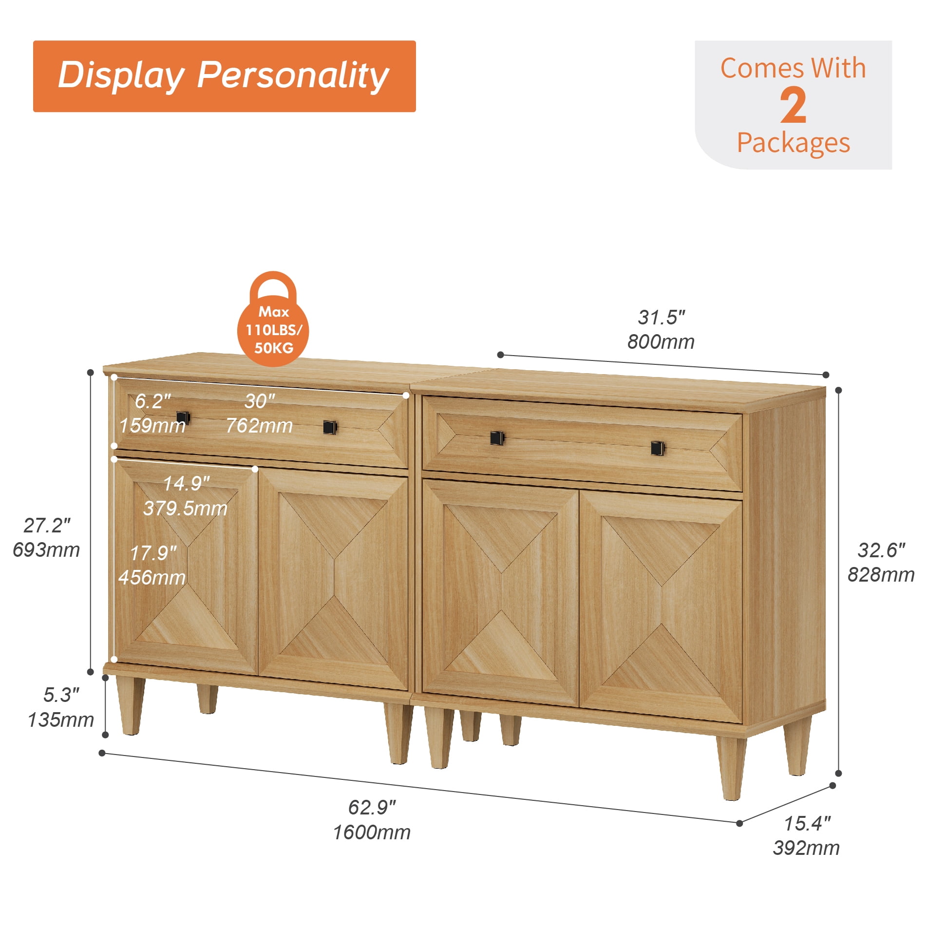 WAMPAT Handmade Patchwork Set of 2 Buffet Cabinets, Oak