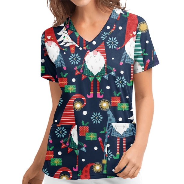 Blusa de manga corta con cuello en V para mujer, uniforme con bolsillos estampados de Navidad Pompotops hkajfhjk457721
