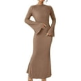 thumbnail image 3 of Women'S Long Sleeve Maxi Dress Ribbed Knit Boat Neck Bodycon Casual Dresses Going Out Outfits Camel Color S, 3 of 9