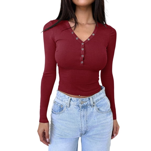 Womens Long Sleeve Shirts Fall Clothes Henley Tops Business Casual Ribbed Blouses Fashion Trendy Outfits Wine Red L