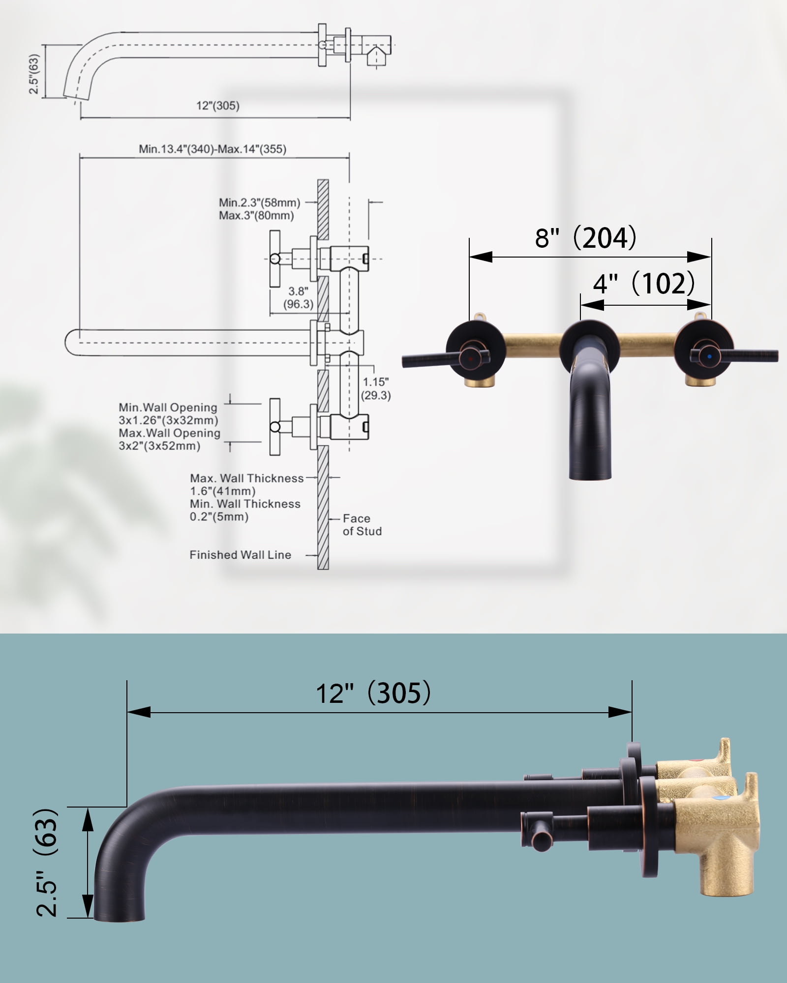Wowow Wall Mount Tub Filler Faucets,High Flow Wall Mounted Bathtub Faucet with Two Handles and 12" Long Spout, Oil Rubbed Bronze