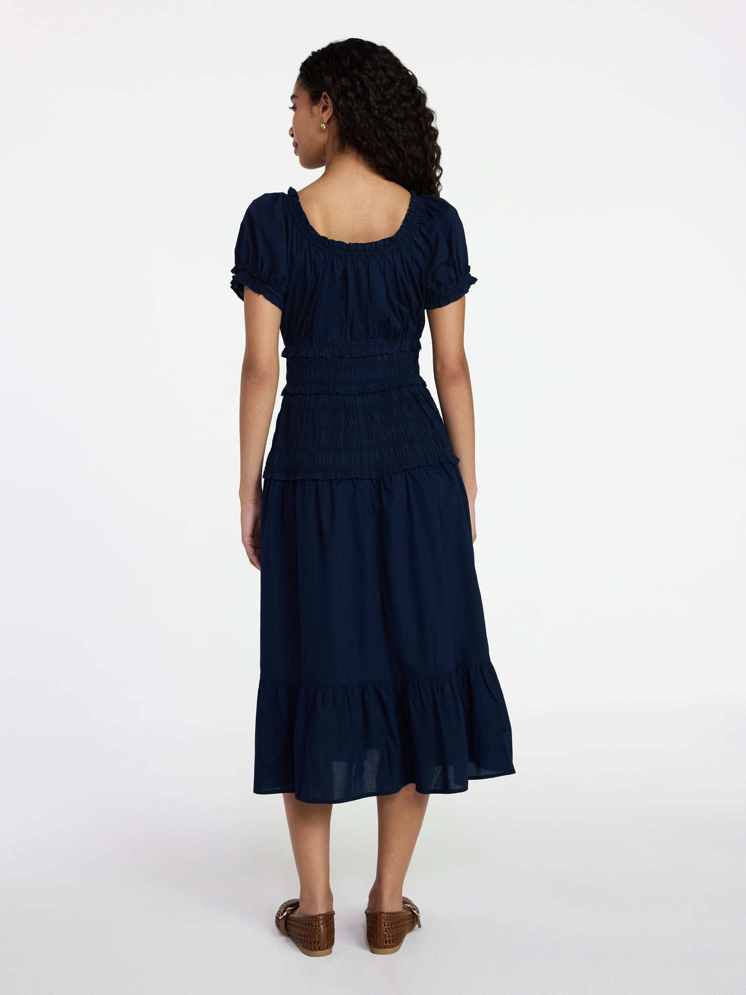 Time and Tru Women's Smocked Cotton Peasant Dress with Short Sleeves, Sizes XS-XXXL