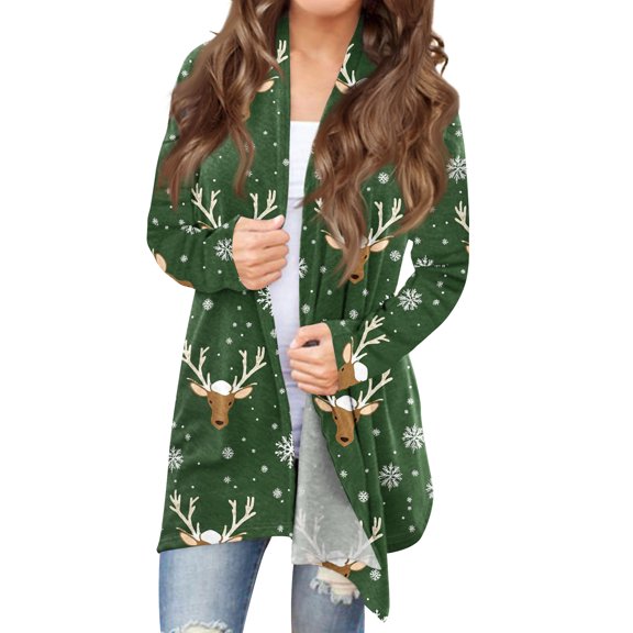 Women's Fashionable Loose-Fit Casual Cardigan with Christmas Print Mid-Length Coat for Holiday Outfits and Comfortable Wear,Army Green,S