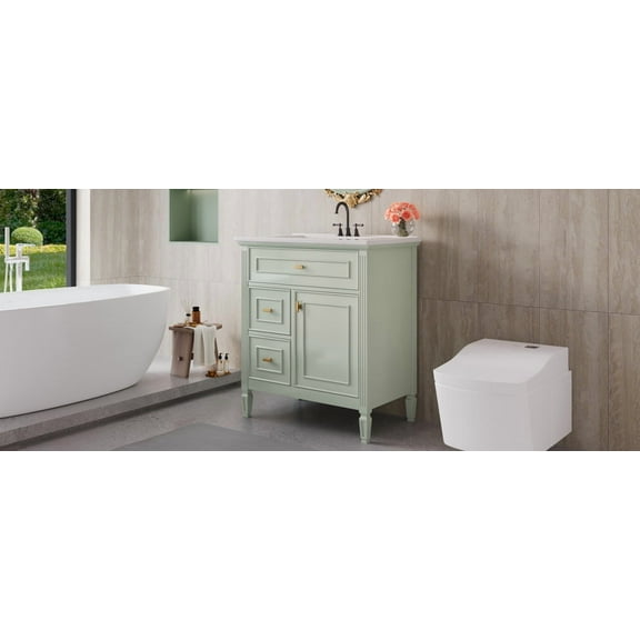 30" Bathroom Vanity with Sink Solid Wood & MDF Cabinet Flip-Up Drawer 2 Drawers Adjustable Shelf Waterproof Storage Green