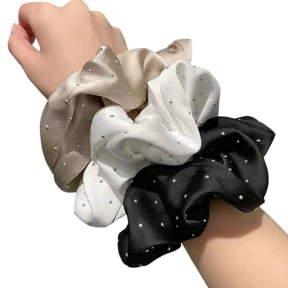 3PCS Rhinestones Embellished Scrunchie Ruffled Cloth Ponytail Holder Large Beads Hair Ties for Daily Use or Parties