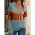 thumbnail image 4 of Women Blouses Dressy Casual Color Block Long Sleeve Shirts V Neck Tops Fall Outfits Light Blue S, 4 of 6