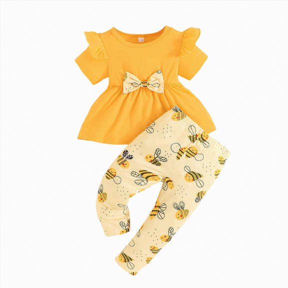 Duqingm Baby Girl Clothes Toddler Girl Outfits Summer Clothes for Girl Ruffle Shirt Butterfly-Print Pants for Infant Girl Home Outdoor Yellow,6-9 Months