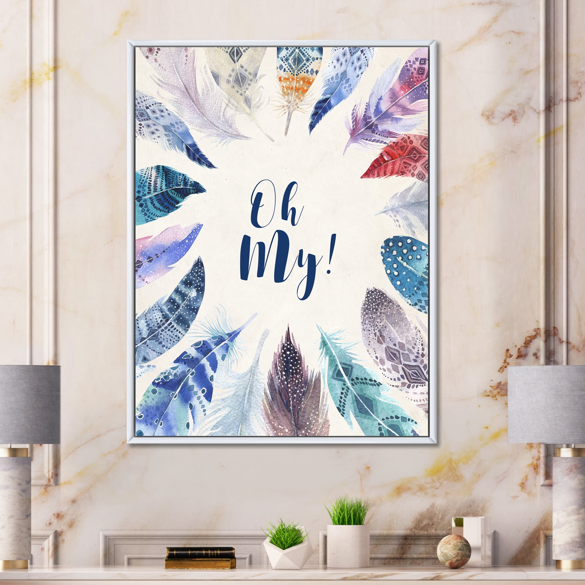 Designart 'Vital Blue Feathers Oh My' Bohemian & Eclectic Framed Canvas Wall Art Print