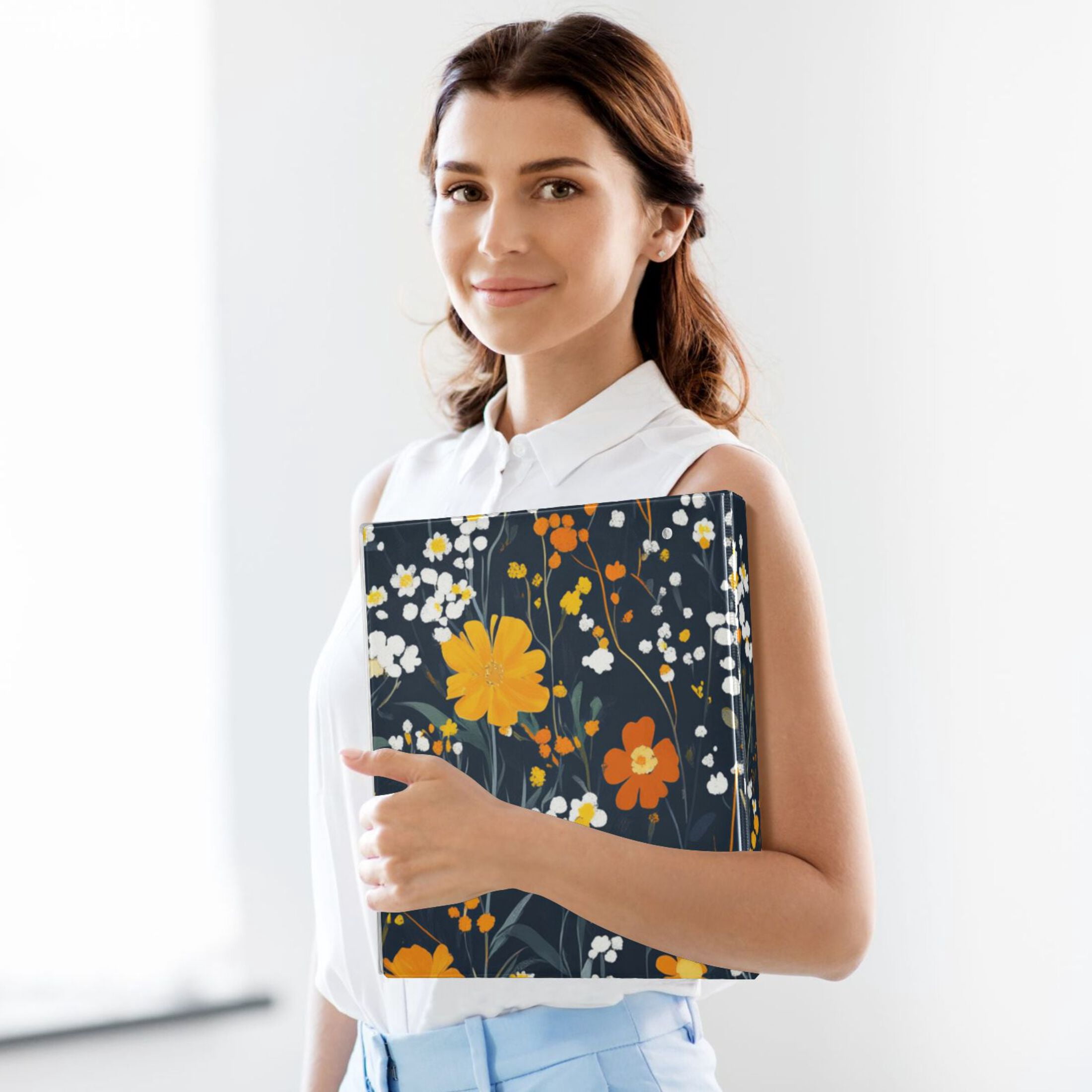 Dark Filed Flowers 3 Ring Binders 1.5 inch Hardcover File Folders with Interior Pockets A4 Size Organizer for School Office Hospital