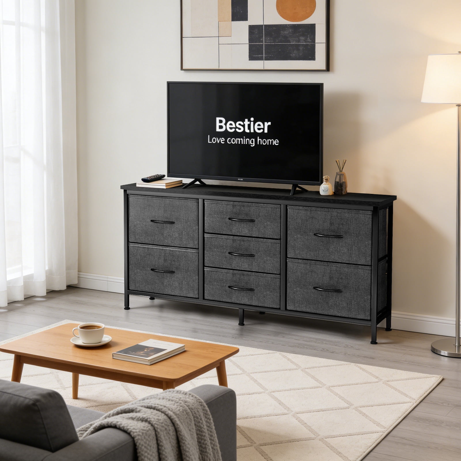 7 Drawers Dresser, Storage Dresser Organizer with Drawers, Chest of Drawers, TV Stand Dresser with Metal Frame and Wood Tabletop for Bedroom, Guest Room, Closet, Entryway, Nursery, Gray