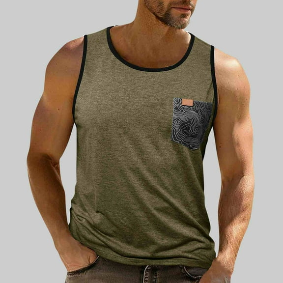 UQJfacai Workout Tank Tops Men Gym Athletic Sleeveless Muscle Tee Shirts with Pocket Summer Color Block Casual T-Shirts M-3XL