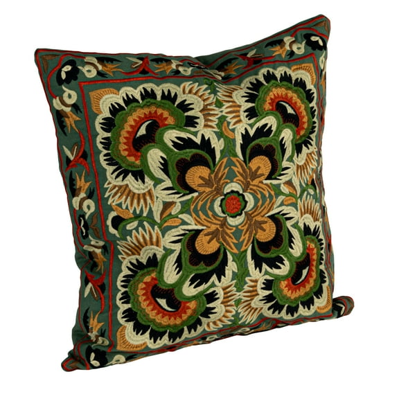 Creative Co-Op Square Cotton Embroidered Pillow with Design, Multi Color