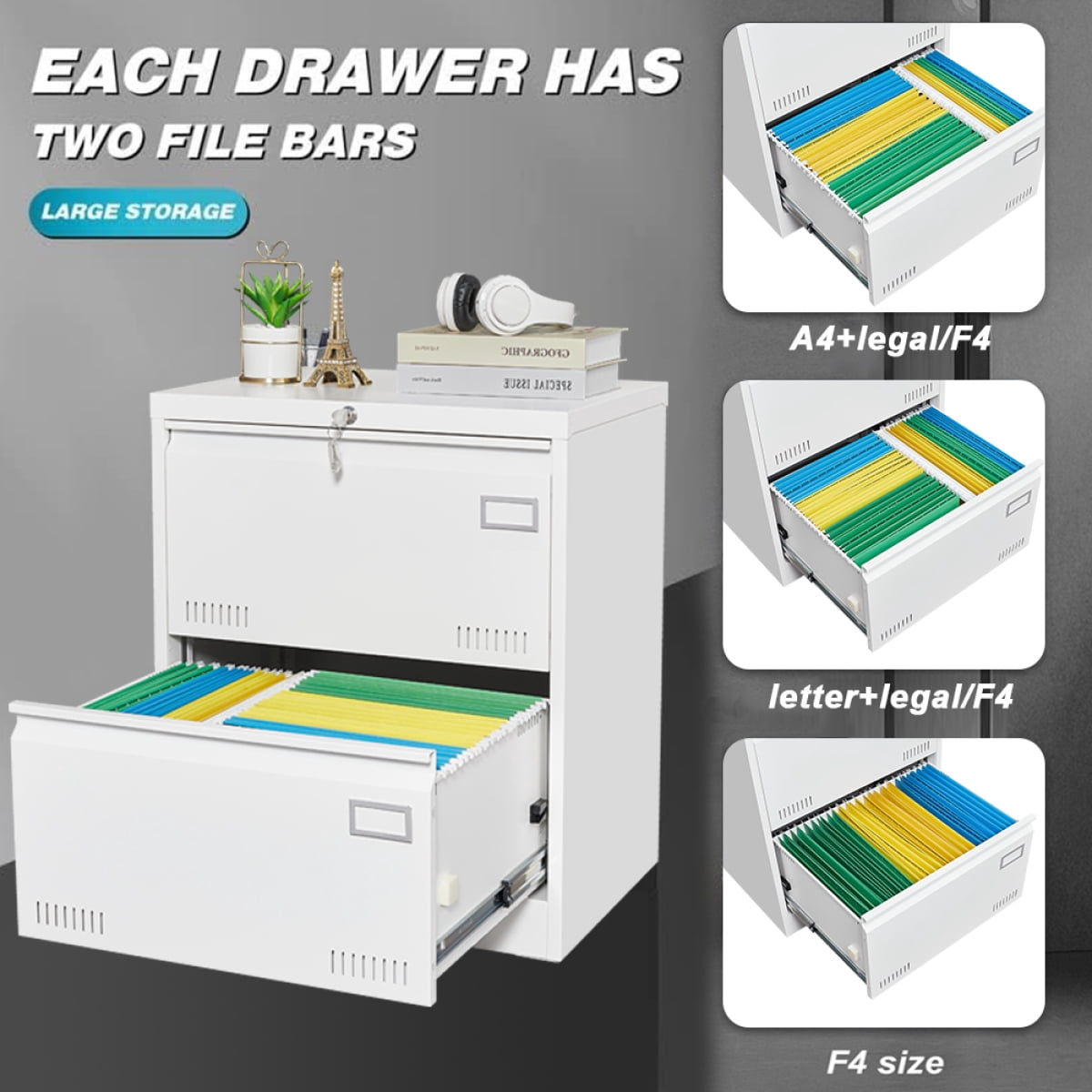 2/3 Drawer Locking Lateral File Cabinet White Metal Storage for Legal/Letter/A4/F4 Files