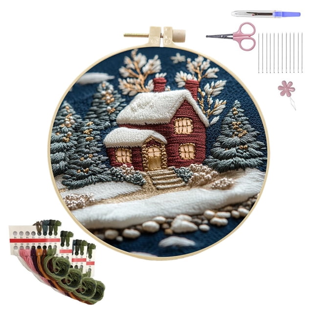 Outdoor Christmas Decorations Hangs Christmas Embroidery Craft Kits ,Hand Christmas DIY Embroidery Patterns Stamped Kit Adults Kids Beginners Stamped Embroidery Kit 。 (Warm Christmas B)