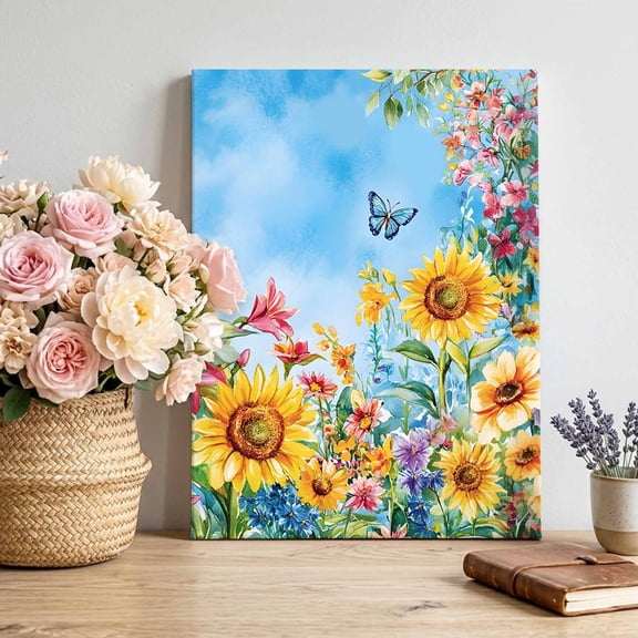 Sunflower Butterfly Canvas Wall Art, Idyllic Yellow Flower Green Leaf Pictures Wall Decor Wooden Framed Artwork Art Prints for Living Room Hallway Bedroom Office 12"x18"