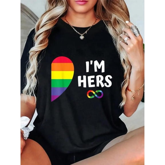 Women's "I'm Hers" Rainbow Pride Graphic Comfortable Casual T-Shirt Breathable Short Sleeve Round Neck Top Black S-5XL